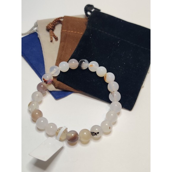 White Agate Stretch Bracelet 8mm round natural stone includes felt pouch-B815 - Picture 8 of 12